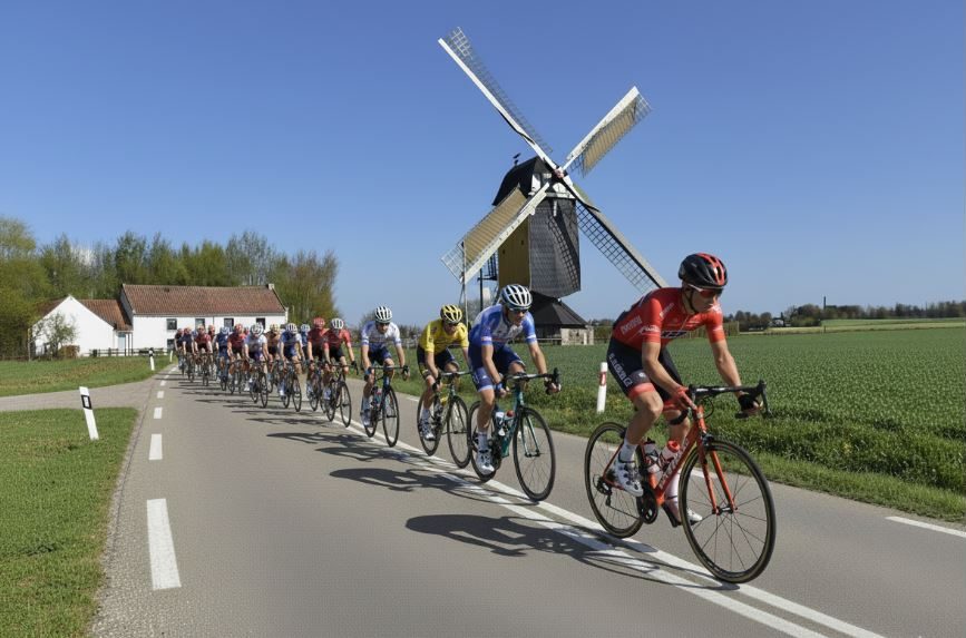 Groupe de cyclistes en file indienne passant devant un moulin.