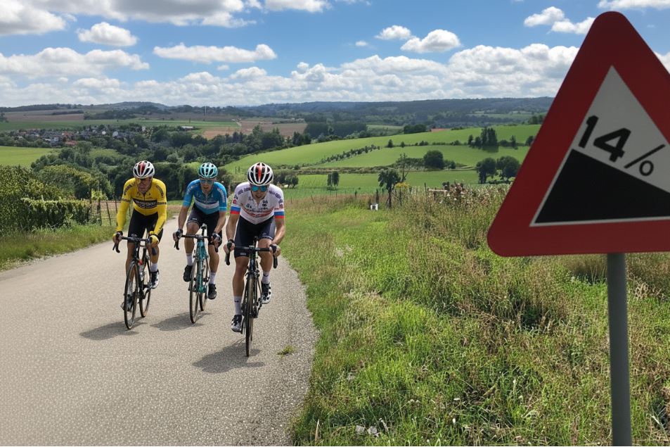 Cyclistes grimpant une grosse côte très pentue sur une route de campagne.