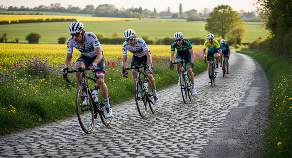 Groupe de cyclistes en file indienne pédalant sur une petite route pavée de campagne.