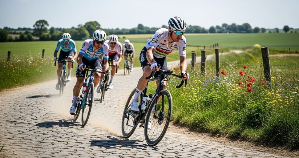 Groupe de cyclistes pédalant sur une route pavée et poussiéreuse.