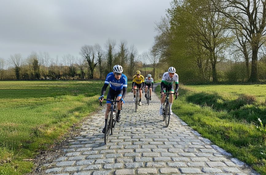 Cyclistes pédalant sur une petite route pavée.
