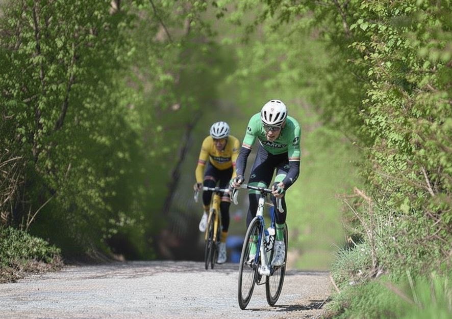 Deux cyclistes en pleine ascension d'une côte.